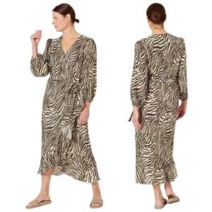 No. 6 Store Dress Large Brown Noma Silk Zebra Midi Wrap Ruffle